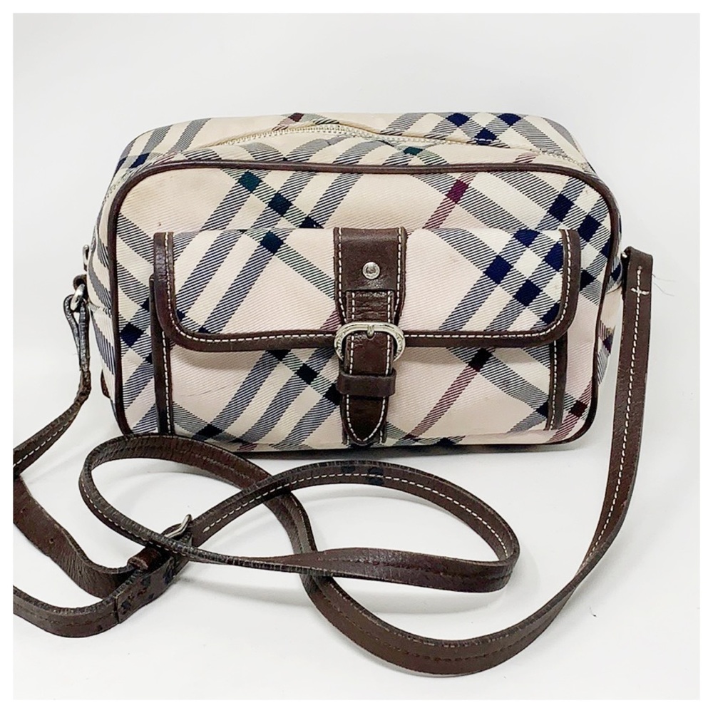 Burberry Beige Plaid Crossbody with Brown Leather Trim